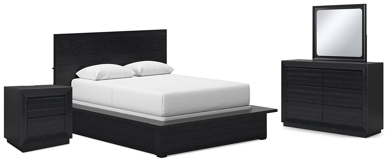 Lit queen-size à panneaux Londer avec commode miroir et table de chevet