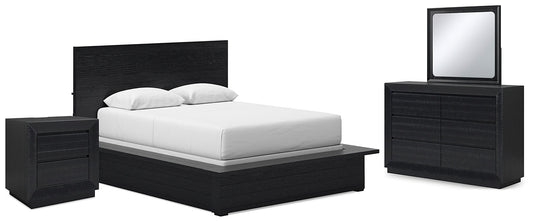 Lit queen-size à panneaux Londer avec commode miroir et table de chevet